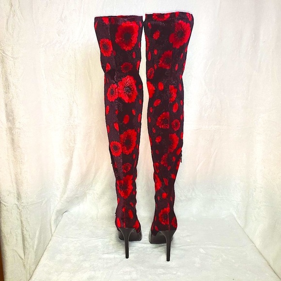 Mac J Black Cherry Stretch Velvet Red Floral OTK Stocking Boots 3.5" High Heel - Picture 7 of 15